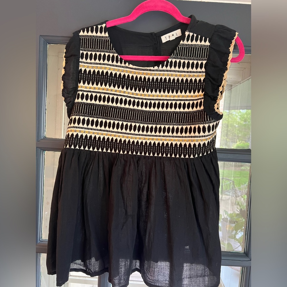 THML Black and Cream Embroidered Flutter Sleeve Top